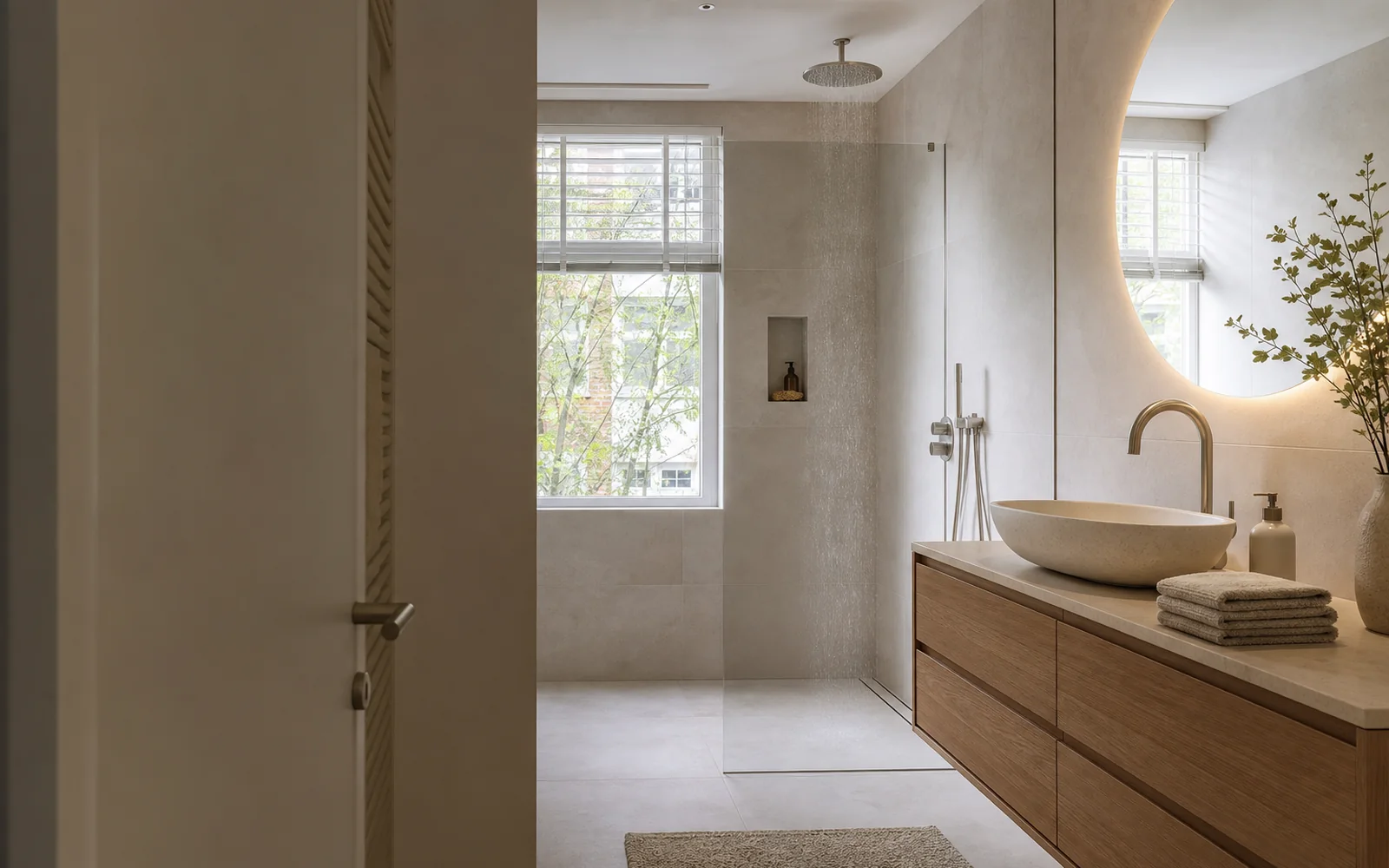 Lichte gerenoveerde badkamer met inloopdouche en warm houten wastafelmeubel