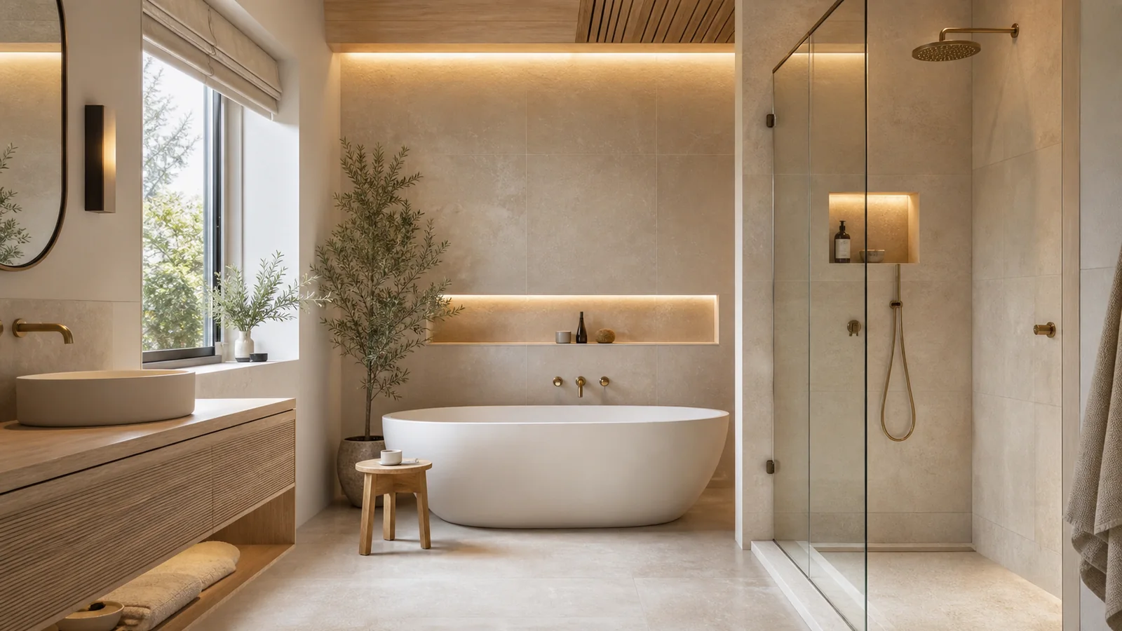 Warme spa-badkamer met vrijstaand bad, inloopdouche en indirect licht